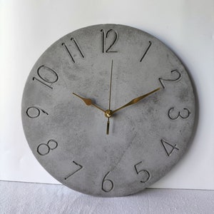 Charcoal Numbered Wall Clock, Gold Hands, Modern Concrete Wall Clock, Grey Wall Clock, Minimalist Clock, Silent Wall Clock. image 1