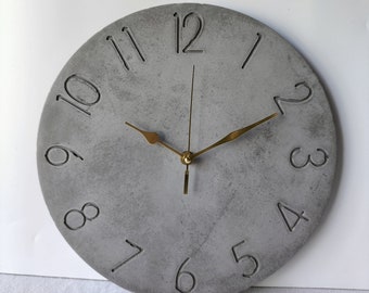 Charcoal Numbered Wall Clock, Gold Hands, Modern Concrete Wall Clock, Grey Wall Clock, Minimalist Clock, Silent Wall Clock.