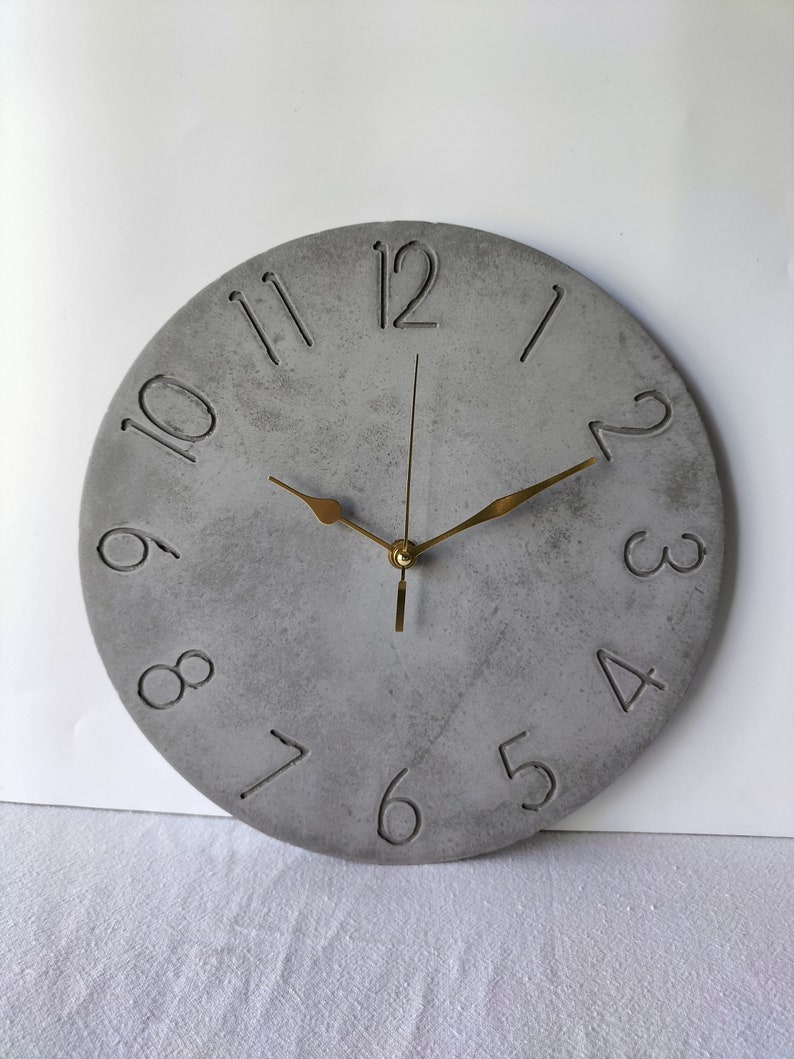 Charcoal Numbered Wall Clock, Gold Hands, Modern Concrete Wall Clock, Grey Wall Clock, Minimalist Clock, Silent Wall Clock. image 1