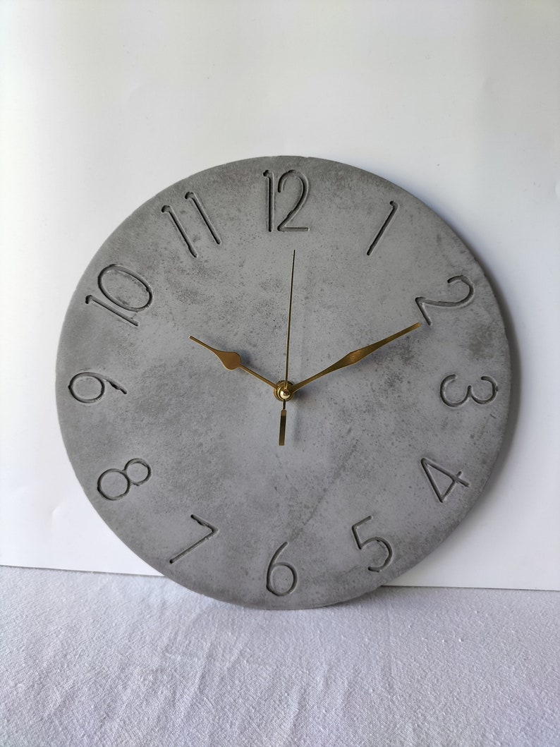 Charcoal Numbered Wall Clock, Gold Hands, Modern Concrete Wall Clock