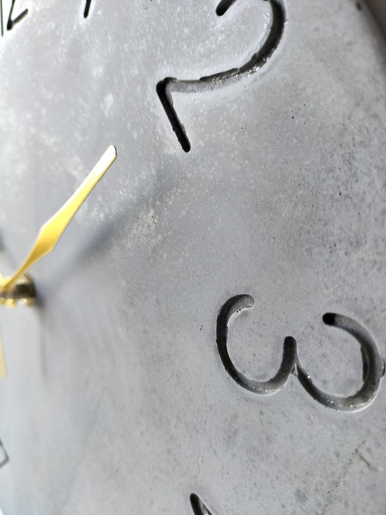 Charcoal Numbered Wall Clock, Gold Hands, Modern Concrete Wall Clock, Grey Wall Clock, Minimalist Clock, Silent Wall Clock. image 4