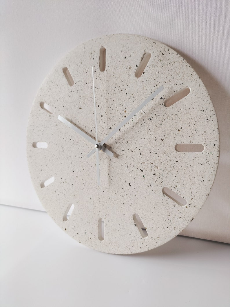 Classic White Wall Clock, Modern Concrete design, Unique home decor, Terrazzo style, Christmas gift for the home, simple stylish clock. image 2