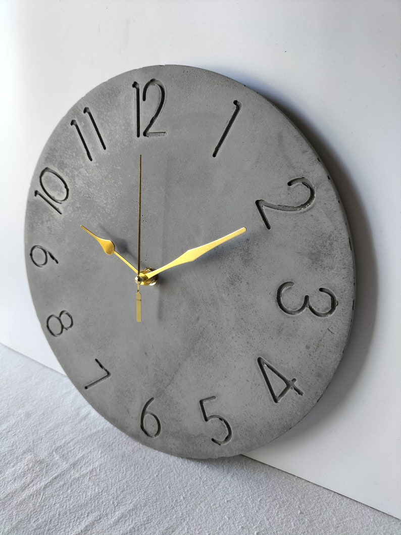 Charcoal Numbered Wall Clock, Gold Hands, Modern Concrete Wall Clock, Grey Wall Clock
