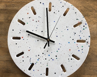 White Wall Clock, Colourful dots, Unique Clock for Wall, Minimalist design, Christmas Gift for the kids