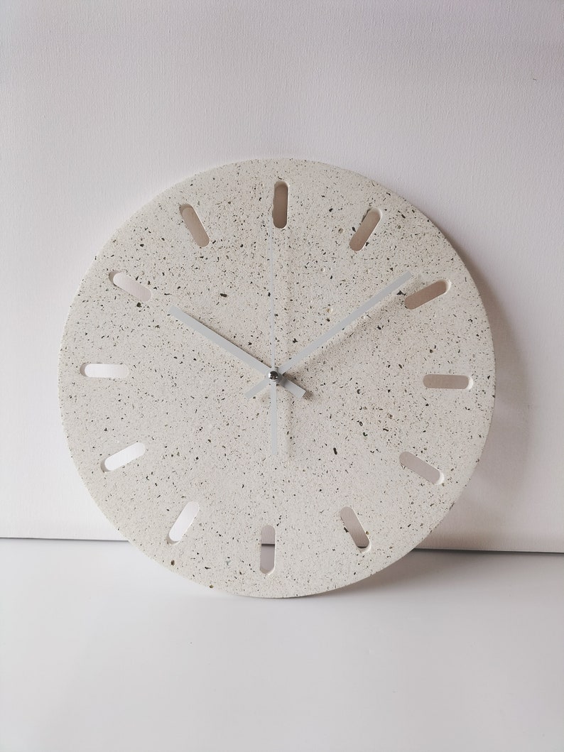 Classic White Wall Clock, Modern Concrete design, Unique home decor, Terrazzo style, Christmas gift for the home, simple stylish clock. image 1