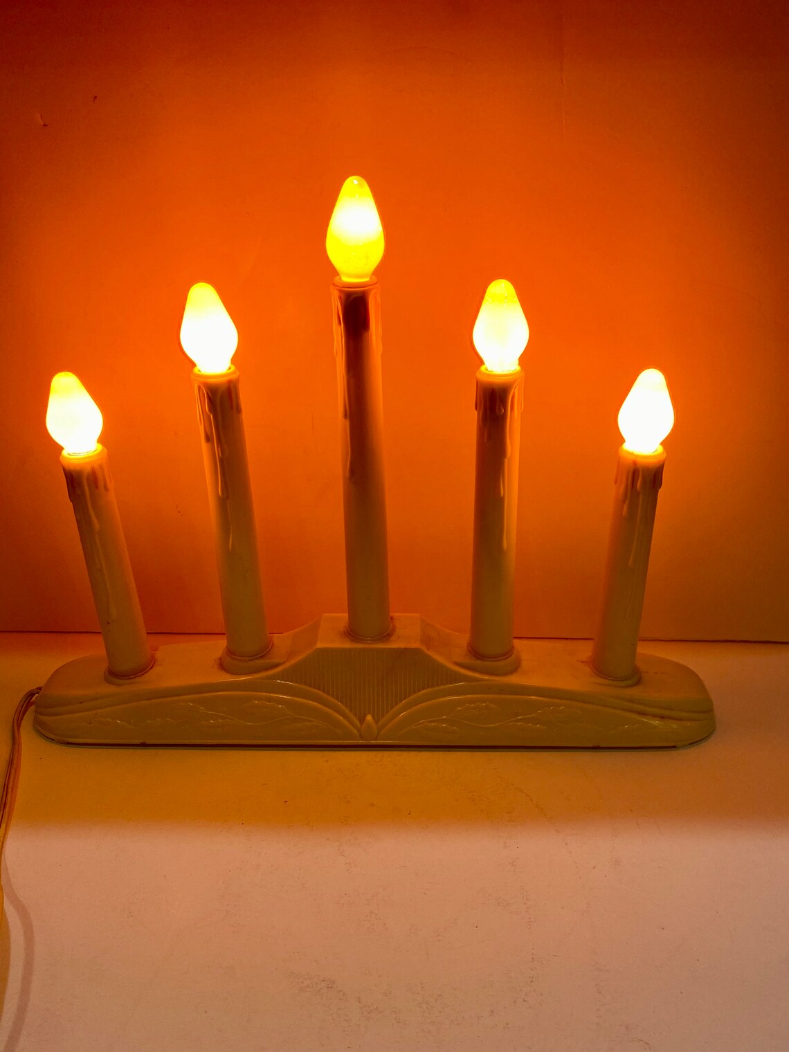 Christmas Candelabra 5 Light Stand With Lines Leaves and Dripping Wax Vintage Window Lights Etsy
