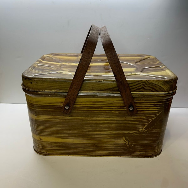 Picnic Basket Vintage Wood Grain Metal Tin Picnic Basket Lunch Bread Box Cookies Wood Handles