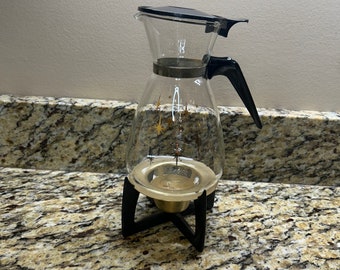 Vintage Pyrex Coffee Carafe MCM Honeymoon 4 cup Carafe, with Coffee Warmer Stand, Serves Coffee, Tea, Hot Chocolate