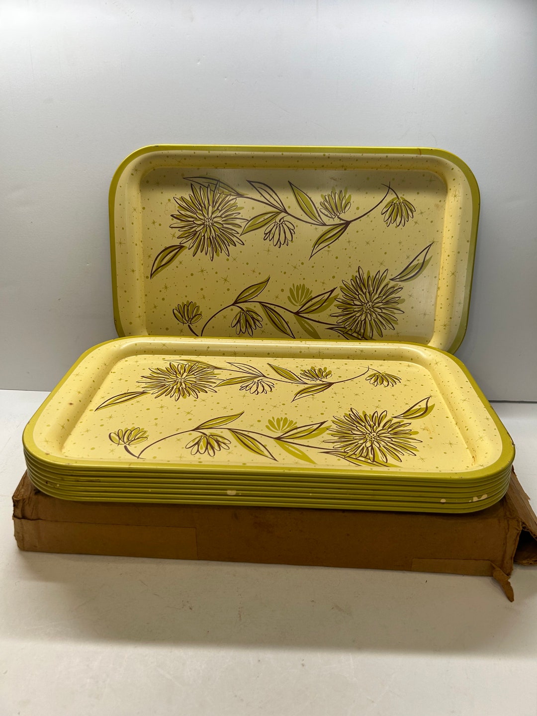 MCM Metal Lap Bed TV Tray Starburst Floral 148 Lot of 8 With Original