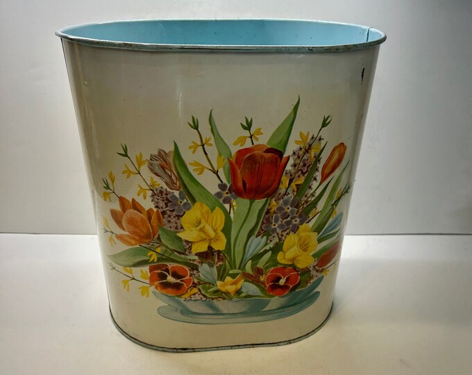 Vintage MCM Metal Floral Oval Waste Garbage Bin, Midcentury Waste Trash ...