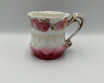 Antique Shaving Mug Cup Porcelain Hand Painted Floral Pink and Gold