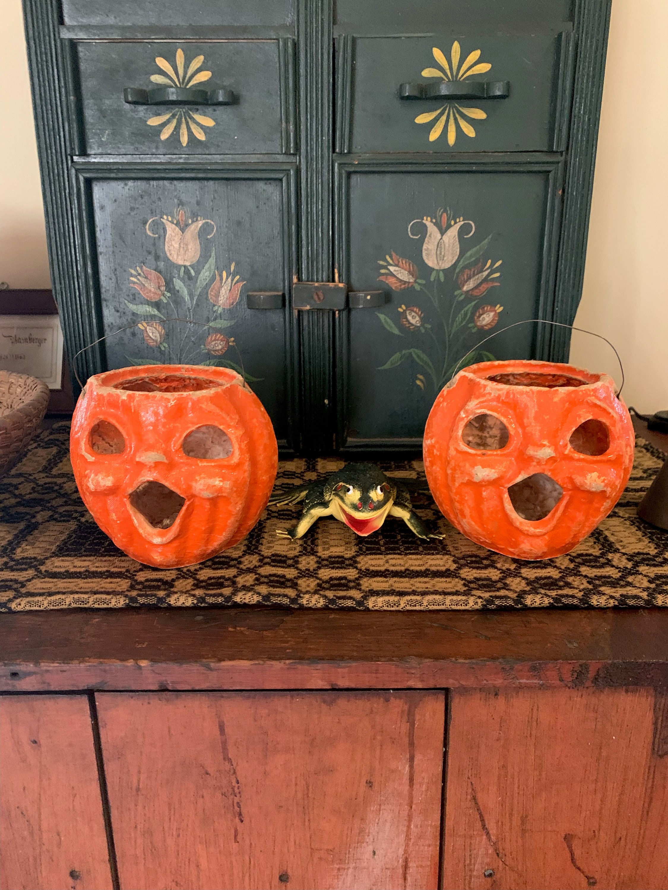 Vintage Halloween Paper Mache Orange Jackolantern Pumpkin, Choir Boy