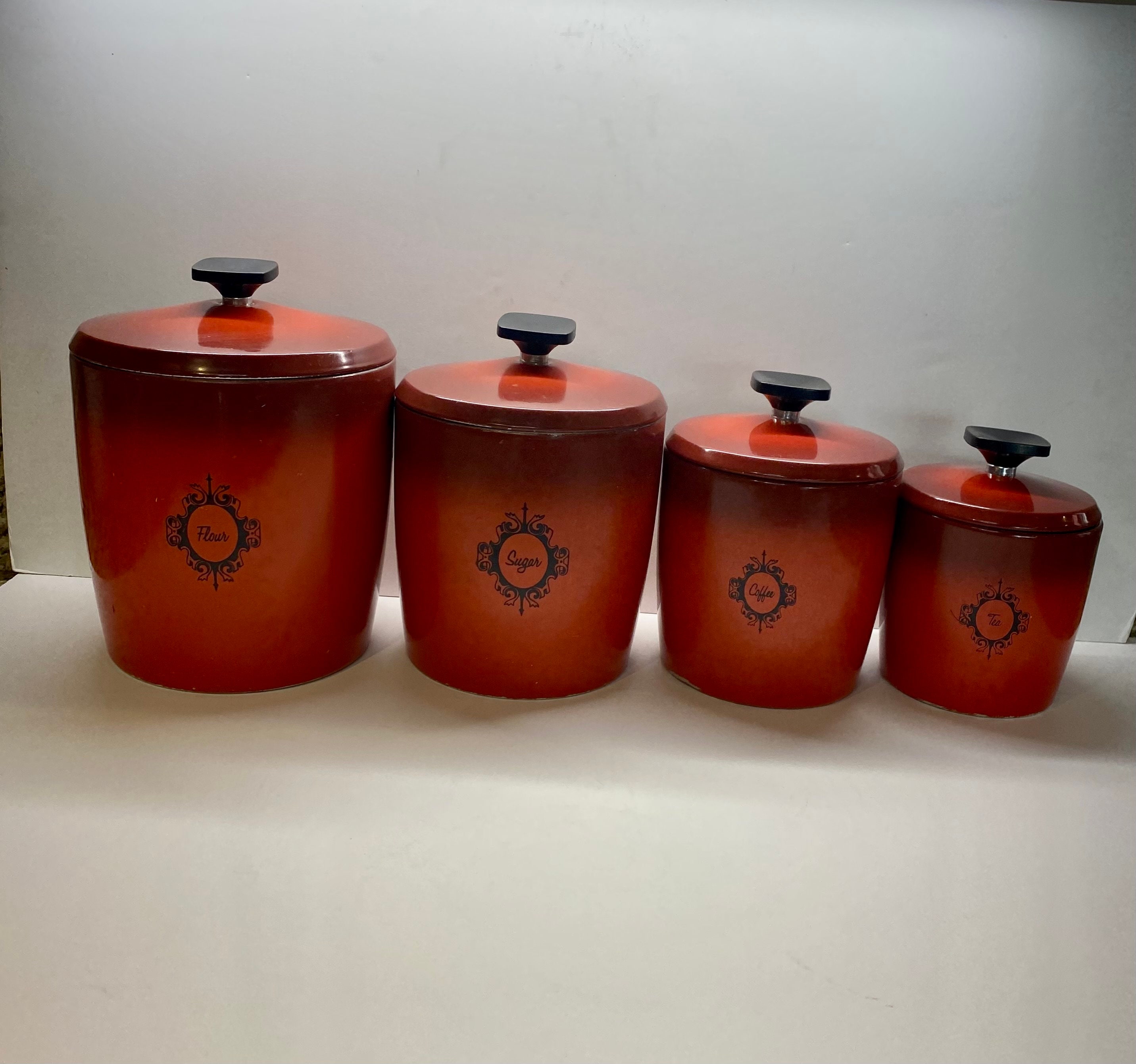 Set of Two 1970s MCM Vintage Kitchen Canisters, Mid Century Modern Kitchen,  70s Cookie Jar, Flour Canisters, Vintage Tea Storage 