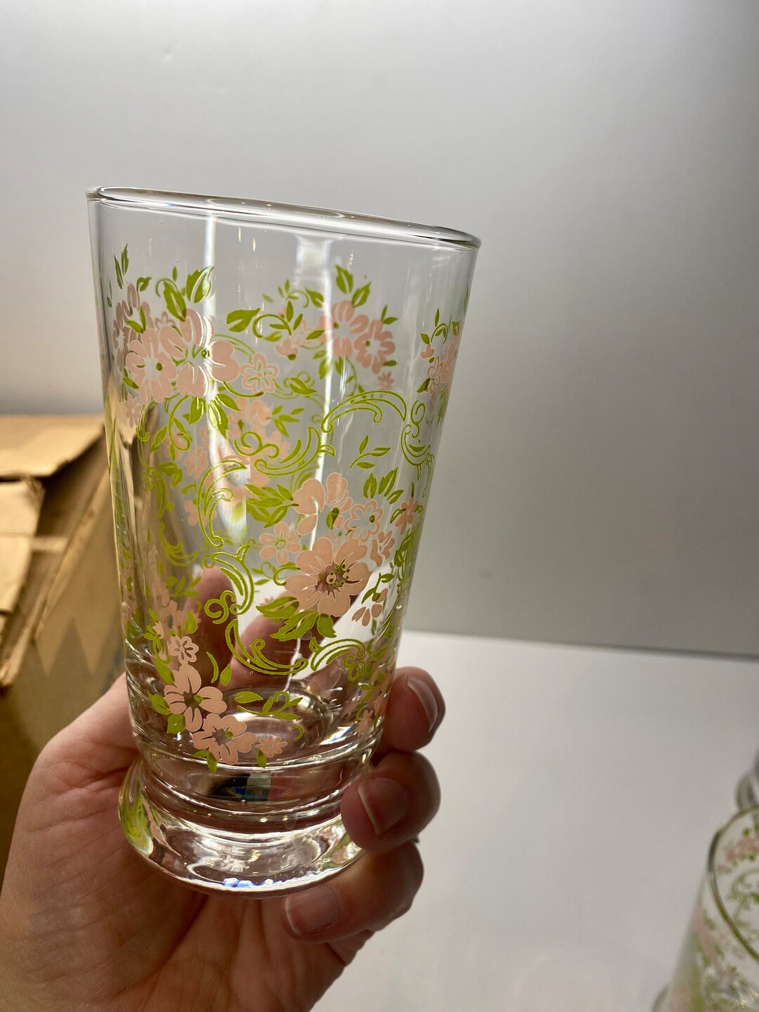 Glasses Libby Spring Pink Flowers With Green Scrolls and Leaves Glasses ...