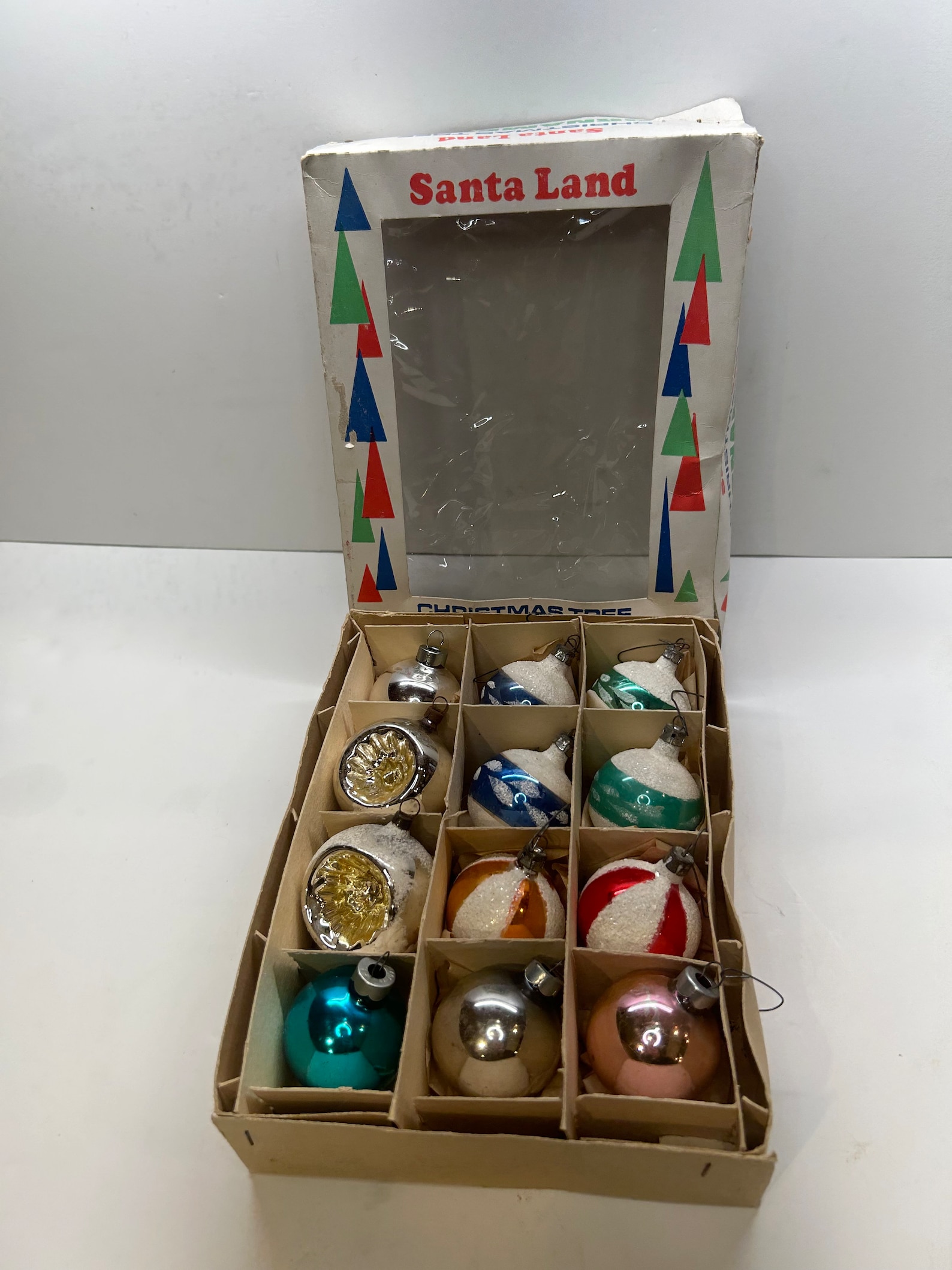 Vintage Santa Land Christmas Ornaments: Hand Blown Glass with Mica, Box of 12
