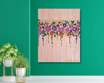 Pintura floral abstracta texturizada en melocotón y dorado - Lienzo de 45,7 x 30,5 cm
