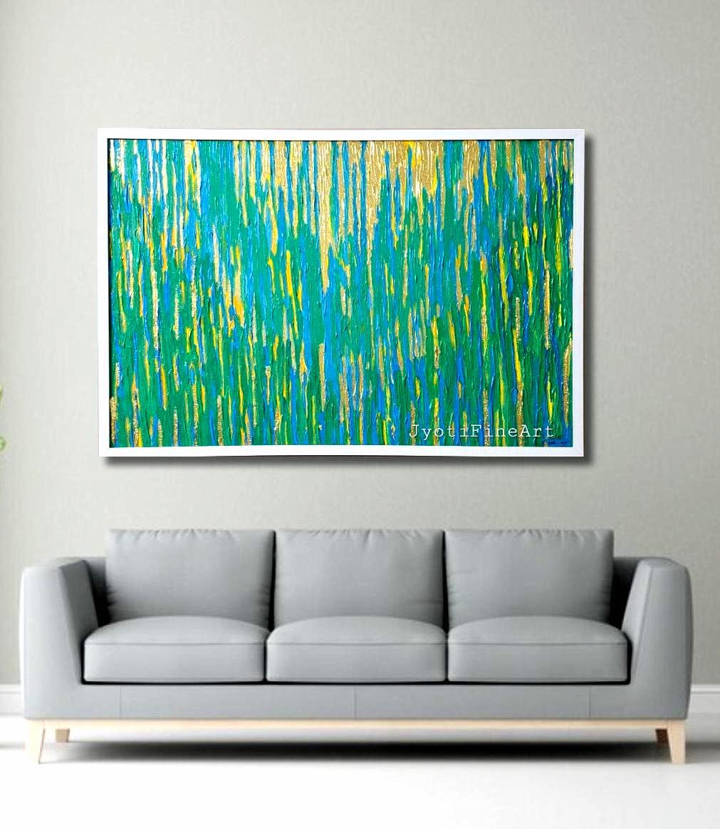 ターコイズ＆ゴールドリーフ抽象画：テクスチャードモダンアート