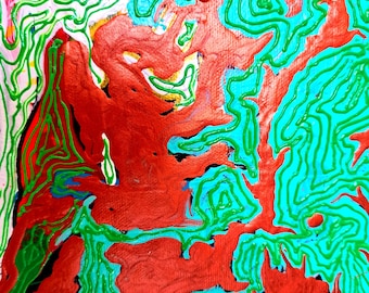 Pintura abstracta acrílica Cascada de cobre, arte mural verde metálico