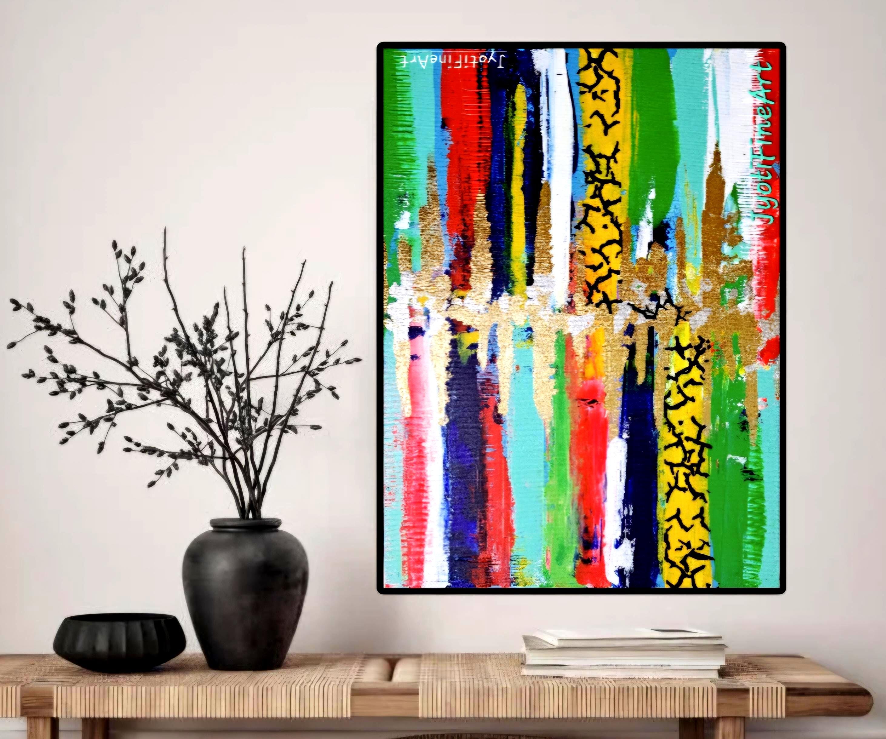 抽象的な金箔画：キャンバスに描かれた質感のあるカラフルなアクリル