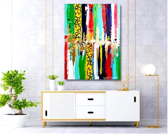 抽象的な金箔画：キャンバスに描かれた質感のあるカラフルなアクリル