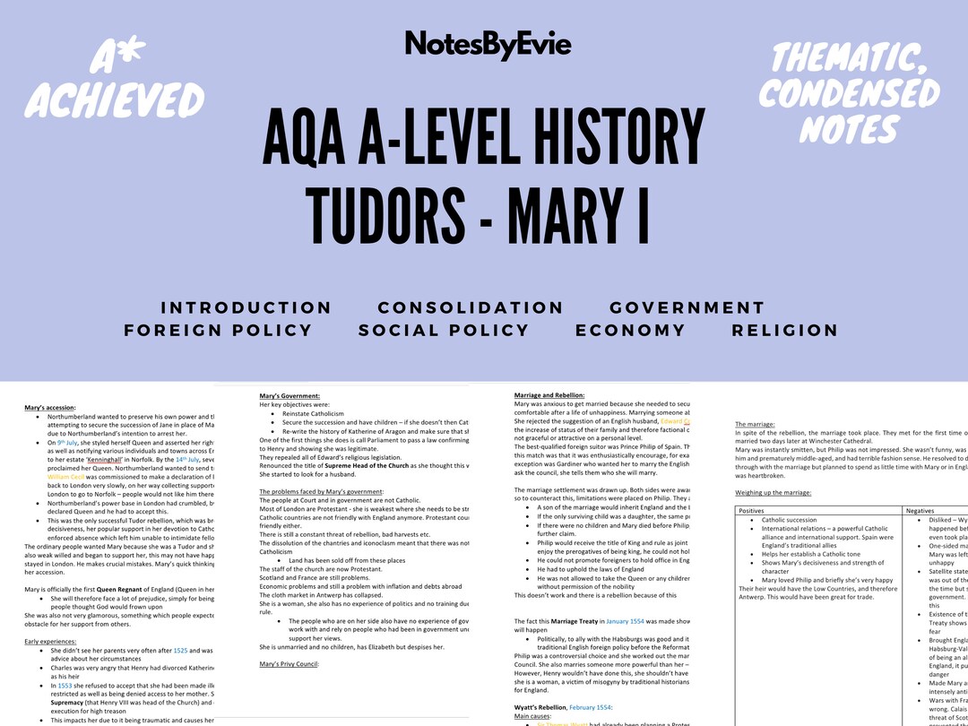 Aqa A Level History Notes Tudors Mary I Summarised Colour Coded