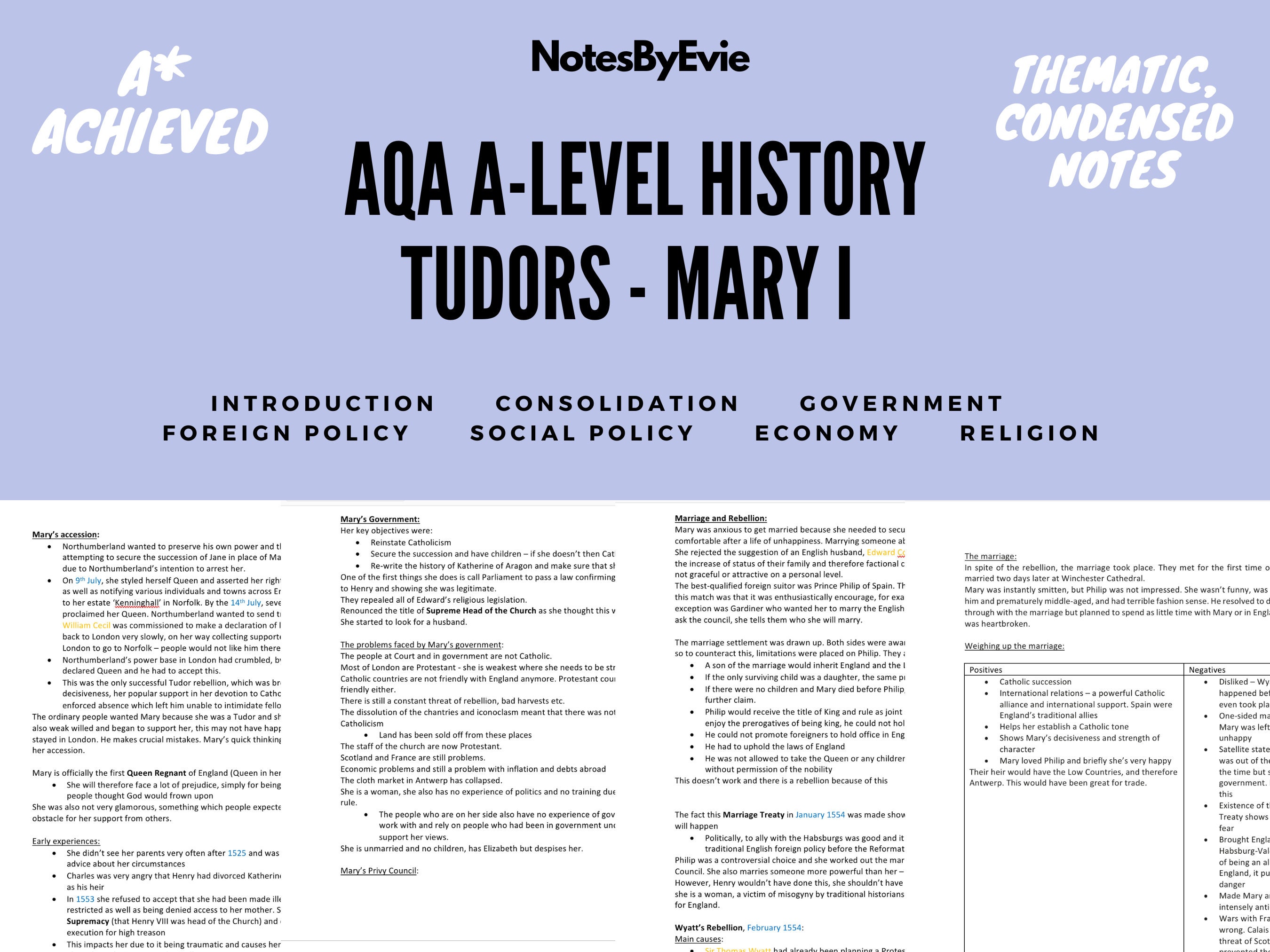 AQA A Level History Notes, Tudors - Mary I | Summarised, Colour-coded ...