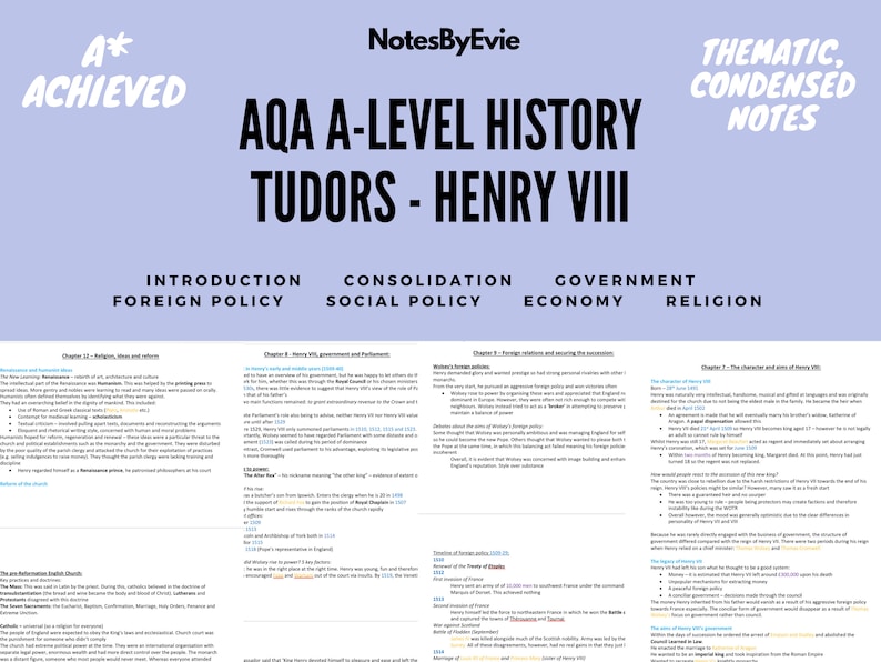 AQA A Level History Notes, Tudors - Henry VIII | Summarised, Colour ...