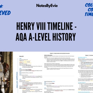 以下が含まれることがあります： ヘンリー8世の人生を表すカラーコード付きタイムライン。即位、結婚、イギリスの宗教改革など、重要な出来事が強調されています。このタイムラインは、「ヘンリー8世タイムライン - AQA Aレベル歴史」というより大きな文書の一部です。