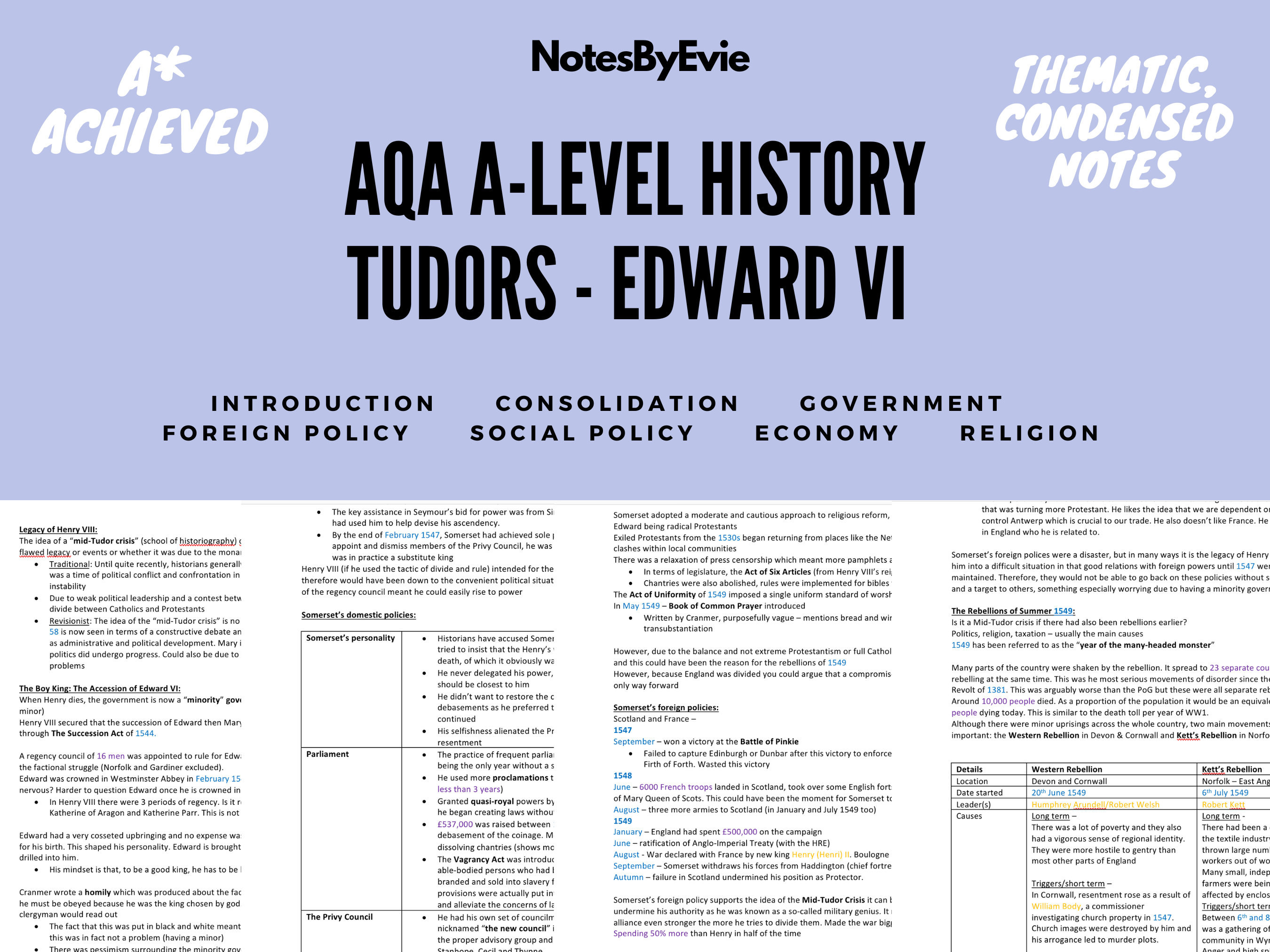AQA A Level History Notes, Tudors - Edward VI | Summarised, Colour ...