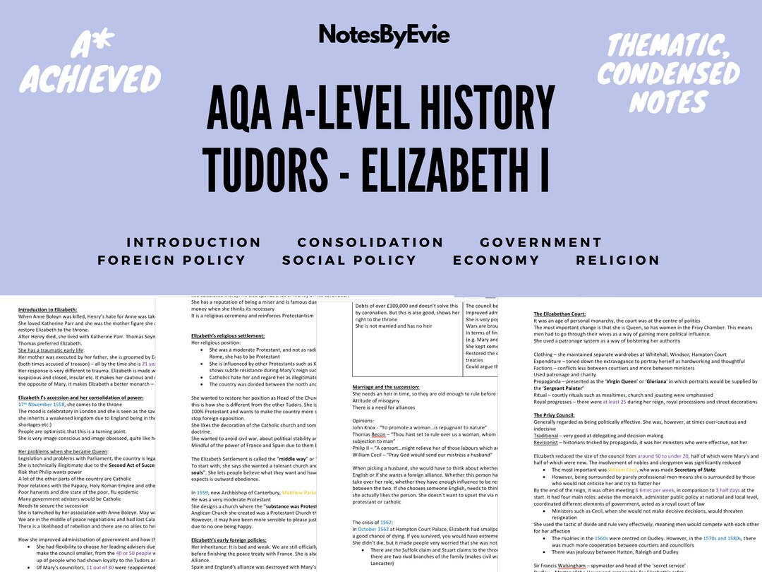 AQA A Level History Notes, Tudors Elizabeth I Summarised, Colourcoded