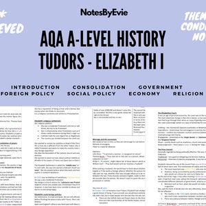 AQA A Level History Notes, Tudors - Elizabeth I | Summarised, Colour-Coded Notes | A2