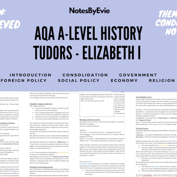 AQA A Level History Notes, Tudors - Elizabeth I | Summarised, Colour-Coded Notes | A2