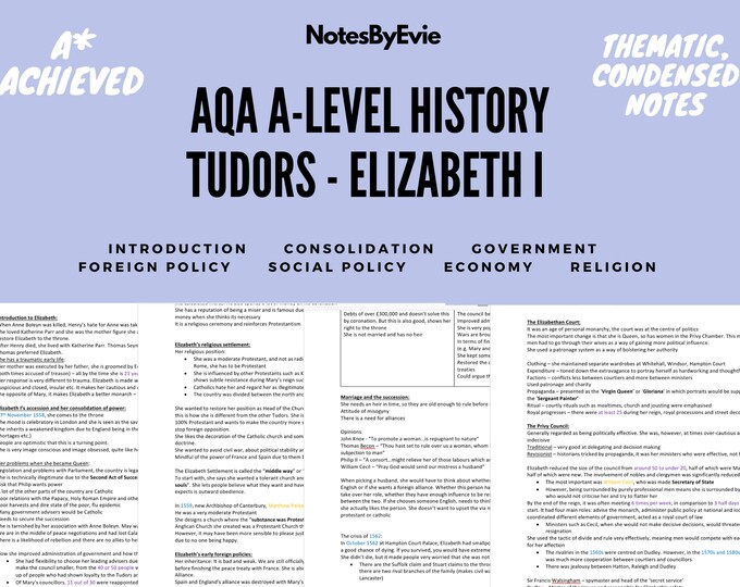 AQA A Level History Notes, Tudors Elizabeth I Summarised, Colour-coded ...