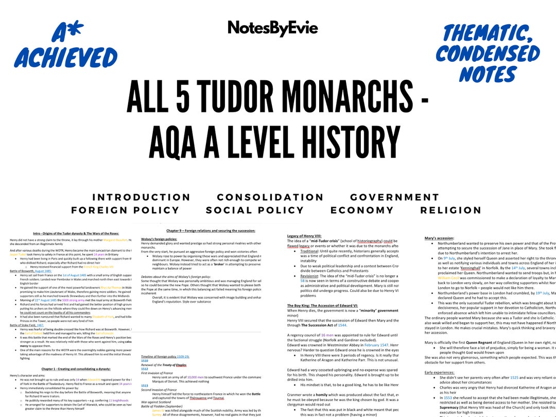 AQA A Level History, Tudors BUNDLE All 5 Tudor Monarchs Summarised
