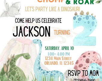 Dinosaur Birthday Party Invitation - Boy - TWO - Digital Download - EDITABLE Template - stomp chomp roar