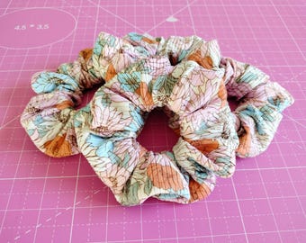 LIMITED EDITION Vintage Floral Ribbed Polyester Scrunchies, Soft Hair Ties For Gardening, Spring Hair Accessories