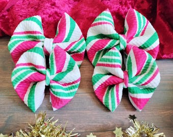 Christmas Stripe Hair Bows, 2.5" Toddler Hair Clips, 3" Pigtail Bows For Little Girls, Holiday Hair Accessories