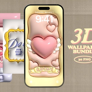 Puede incluir: Una pantalla de teléfono digital con un diseño de fondo de pantalla 3D. El fondo de pantalla presenta un corazón rosa con alas, nubes y la palabra "LUCKY" en una pancarta. La pantalla del teléfono también muestra la hora, "9:41", y la fecha, "sábado 1 de enero".