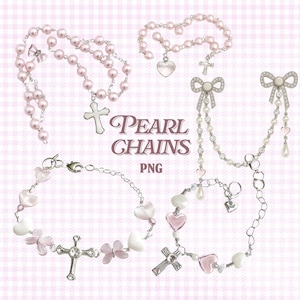 Pode incluir: Várias correntes e pulseiras de pérolas em tons de rosa e branco, com pingentes de cruz e coração, e detalhes de laço. A imagem inclui o texto "PEARL CHAINS PNG".