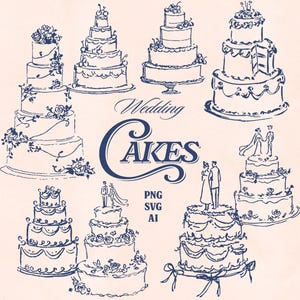 Op de afbeelding: Marineblauwe lijntekeningen van verschillende bruidstaarten. De taarten hebben verschillende lagen, versieringen en toppings. De tekst "Wedding Cakes" is geschreven in een decoratief lettertype, met bestandsaanduidingen.
