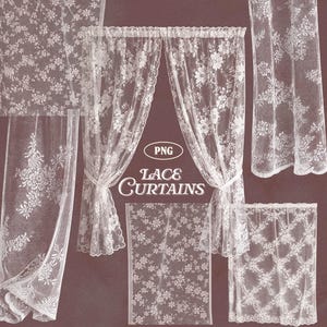Puede incluir: Cortinas de encaje blanco con diseños florales y el texto "Lace Curtains". La imagen muestra varios estilos, incluyendo paneles y una cenefa, todos hechos de una tela delicada y transparente. Estas cortinas están diseñadas para añadir elegancia.