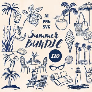 Paquete de 110 imágenes prediseñadas de arte lineal de verano SVG PNG AI, ilustraciones italianas, costeras, mediterráneas, de viajes, de playa, de comida, de palmeras, de animales marinos y de decoración.
