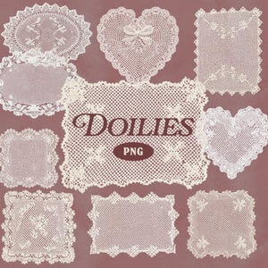 May include: A collection of white lace doilies in various shapes, including oval, square, and heart designs. The word "DOILIES" is displayed in a decorative font, with "PNG" below it. The doilies are arranged on a muted red-brown background.