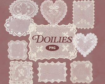 Ensemble PNG de napperons en dentelle au crochet - 10 cliparts décoratifs de napperon avec des coeurs et des carrés pour des albums de scrapbooking, des travaux manuels, des projets numériques de coquettes