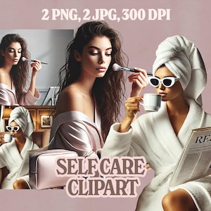 Soins personnels luxueux et routine beauté - 4 femmes réalistes qui se détendent, se maquillent, peignoir, café, journal, 2 PNG, 2 JPG, 300 DPI