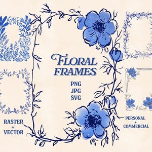 5 cadres botaniques bleus dessinés à la main, Clipart Png Svg Ai et Jpg Bundle bordures florales vintage pour faire-part de mariage créatifs numériques et décoration