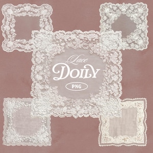 Może przedstawiać: Kolekcja białych serwetek koronkowe w różnych kwadratowych i prostokątnych kształtach, z kwiatowymi i ozdobnymi wzorami. Centralna serwetka zawiera tekst "Lace Doily PNG" w ozdobnej czcionce na miękkim, stonowanym tle.