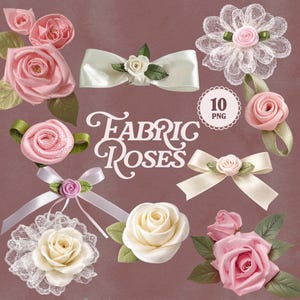 Puede incluir: Colección de rosas de tela en varios estilos y colores, incluyendo rosas y blancas. Algunas rosas se combinan con lazos y encajes, y la imagen incluye el texto "FABRIC ROSES" en una fuente decorativa.