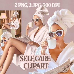 Self Care vrouw clipart-ontspannen in badjas en handdoek, gezellige kamer, 2 png, 2 jpg, 300 dpi, realistische ontspanning esthetiek, spa, zelfliefde