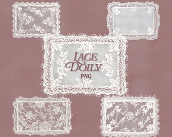 Vintage Rectangular Lace Doily PNG Set | Transparent Digital Handkerchief Clipart for Junk Journal, Wedding & Coquette Elegant Card Design